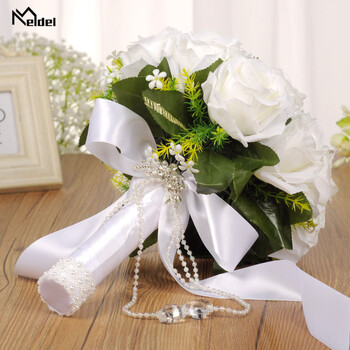 Ανθοδέσμη Meldel Bride Wedding Flower Bridesmaid Ανθοδέσμη από τεχνητό μεταξωτό τριαντάφυλλο Λευκό ψεύτικο μαργαριτάρι κρύσταλλο προμήθειες γάμου χορού