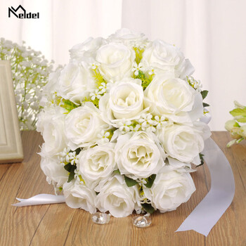 Ανθοδέσμη Meldel Bride Wedding Flower Bridesmaid Ανθοδέσμη από τεχνητό μεταξωτό τριαντάφυλλο Λευκό ψεύτικο μαργαριτάρι κρύσταλλο προμήθειες γάμου χορού