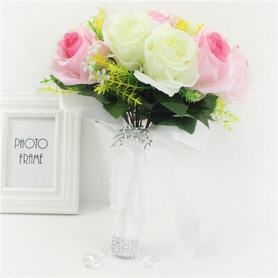 Meldelio puokštė nuotakos vestuvinė gėlė pamergė dirbtinio šilko rožių puokštė balta netikrų perlų krištolo vakarėlio išleistuvių vestuvių reikmenys