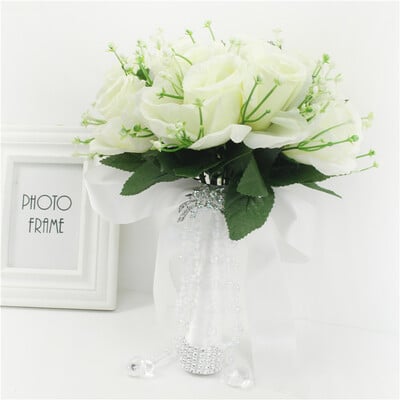 Meldelio puokštė nuotakos vestuvinė gėlė pamergė dirbtinio šilko rožių puokštė balta netikrų perlų krištolo vakarėlio išleistuvių vestuvių reikmenys