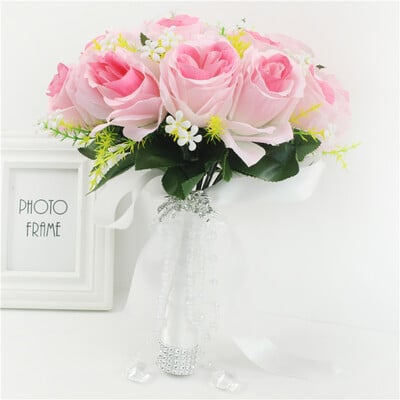 Meldelio puokštė nuotakos vestuvinė gėlė pamergė dirbtinio šilko rožių puokštė balta netikrų perlų krištolo vakarėlio išleistuvių vestuvių reikmenys