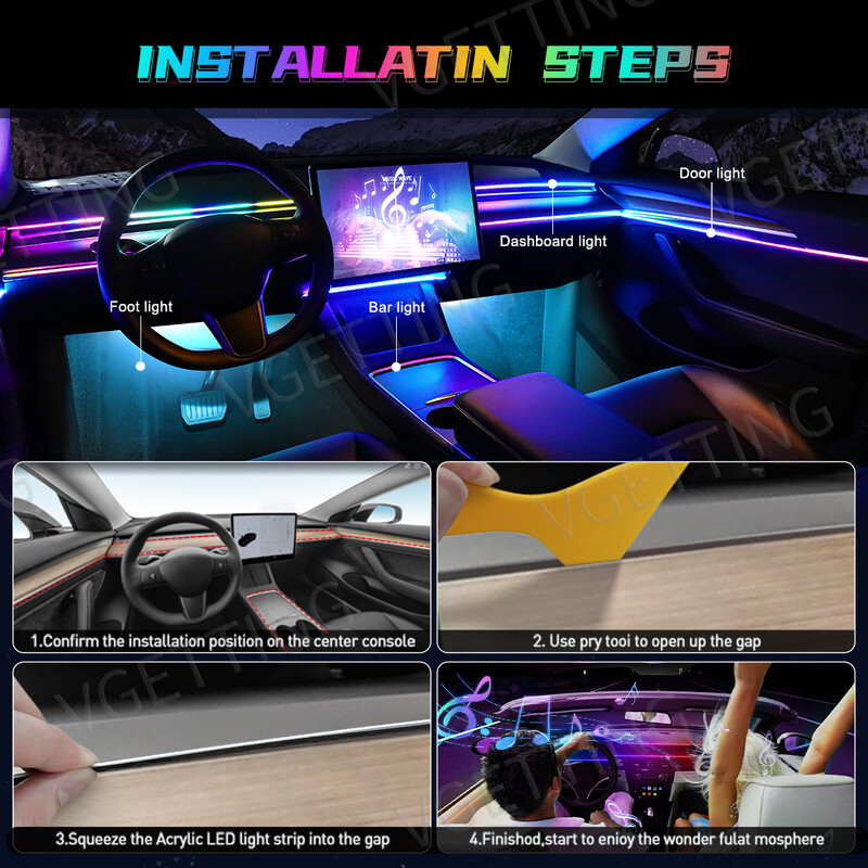 Vgetting za Tesla Model 3 YSX Ambijentalna svjetla automobila 10 u 1 Prostor za noge Univerzalne RGB Atmosferske svjetiljke USB APP Daljinski upaljač za cigarete