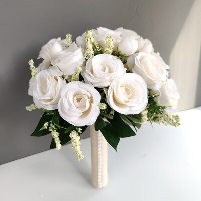 LKY Fr Νυφική ανθοδέσμη για παράνυμφος γαμπρός Μπουτονιέρα καρπό κορσάζ Αξεσουάρ γάμου Λευκά τριαντάφυλλα τεχνητά λουλούδια