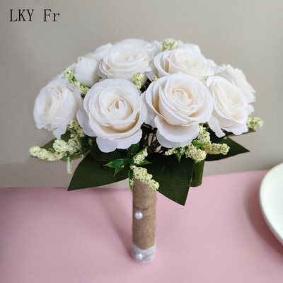 LKY Fr Νυφική ανθοδέσμη για παράνυμφος γαμπρός Μπουτονιέρα καρπό κορσάζ Αξεσουάρ γάμου Λευκά τριαντάφυλλα τεχνητά λουλούδια