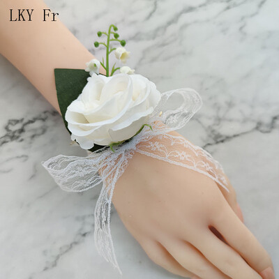 LKY Fr Νυφική ανθοδέσμη για παράνυμφος γαμπρός Μπουτονιέρα καρπό κορσάζ Αξεσουάρ γάμου Λευκά τριαντάφυλλα τεχνητά λουλούδια
