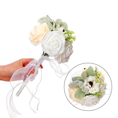 Buchet de nuntă pentru domnișoară de onoare Flori albe de mătase Trandafiri Buchet de mireasă artificială Buchet de căsătorie Accesorii de nuntă