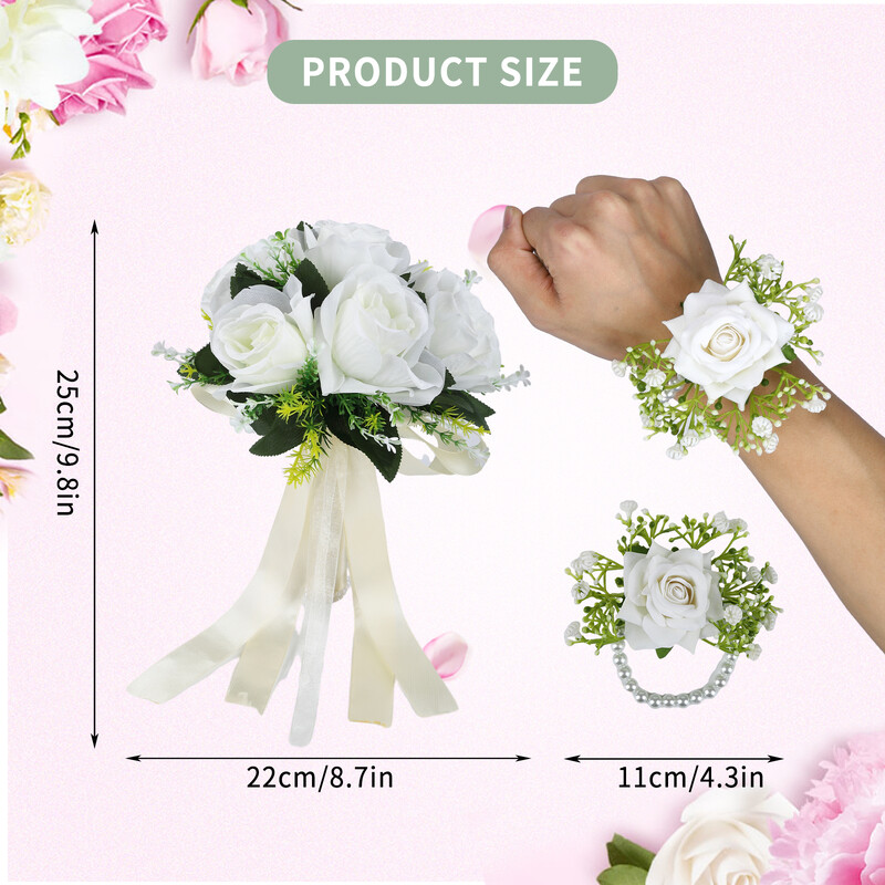 Menyasszonyi esküvői csokrok Fehér Rózsa Csukló Virág Mesterséges Rózsa Virágok Csokor Rózsa Csukló Virág Karkötő Selyem Virág Esküvői B