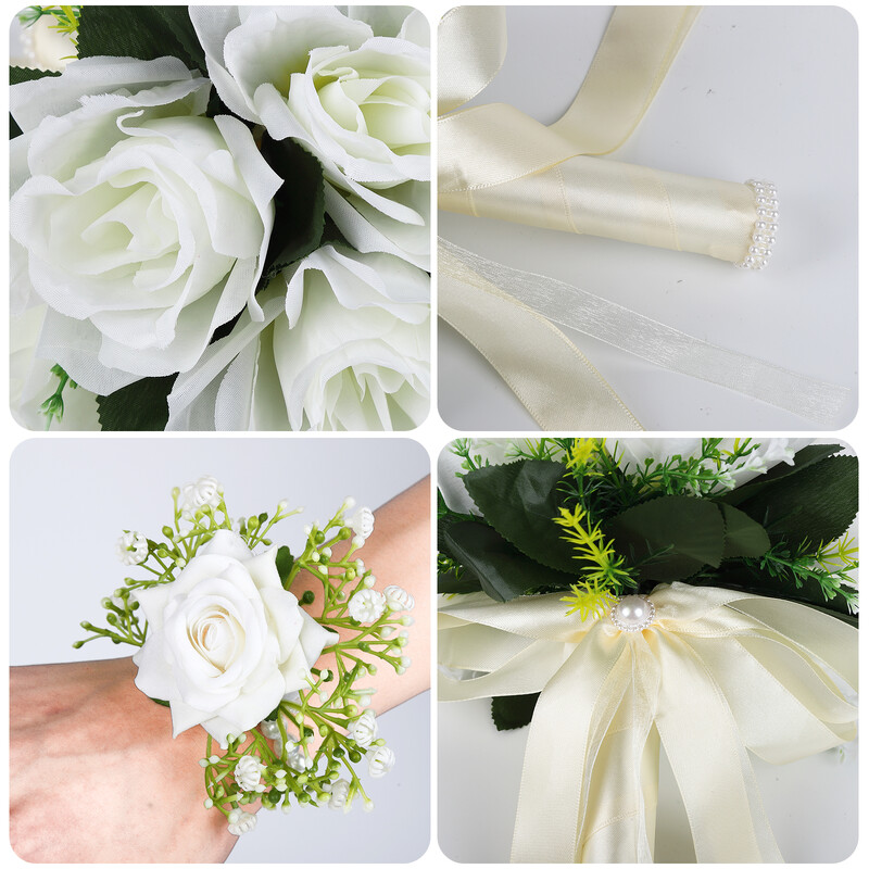 Menyasszonyi esküvői csokrok Fehér Rózsa Csukló Virág Mesterséges Rózsa Virágok Csokor Rózsa Csukló Virág Karkötő Selyem Virág Esküvői B