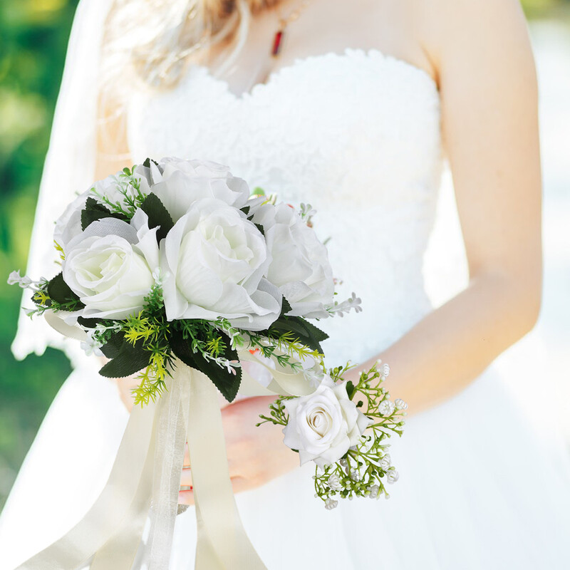 Menyasszonyi esküvői csokrok Fehér Rózsa Csukló Virág Mesterséges Rózsa Virágok Csokor Rózsa Csukló Virág Karkötő Selyem Virág Esküvői B