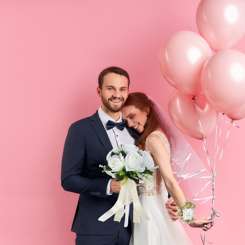 Menyasszonyi esküvői csokrok Fehér Rózsa Csukló Virág Mesterséges Rózsa Virágok Csokor Rózsa Csukló Virág Karkötő Selyem Virág Esküvői B