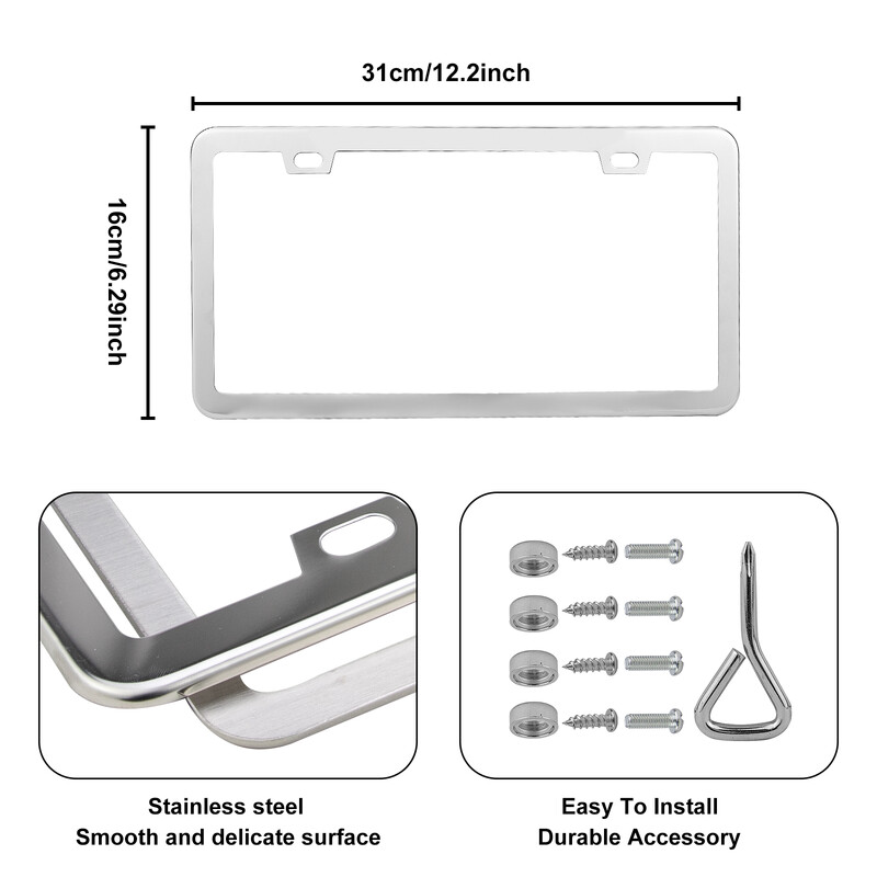 Πλαίσιο πινακίδας αυτοκινήτου από ανοξείδωτο χάλυβα Πινακίδα κυκλοφορίας αυτοκινήτου με 4 τρύπες Λεπτή σχεδίαση με μπουλόνια Καπάκια πλυντηρίου