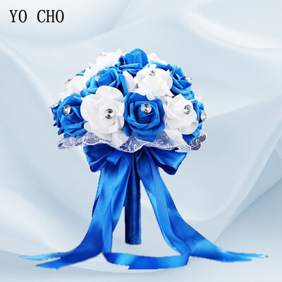 YO CHO Булчински сватбен букет PE Rose White Rhinestone Bouquet for Bride Bridesmay Holding Flowers Brak Wedding Supplies