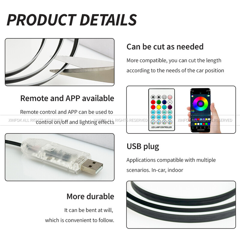 110cm APP Control Ambijentalna svjetla automobila LED unutrašnjost RGB Symphony Atmosphere Light Akrilne trake Dekoracija nadzorne ploče Krovni otvor