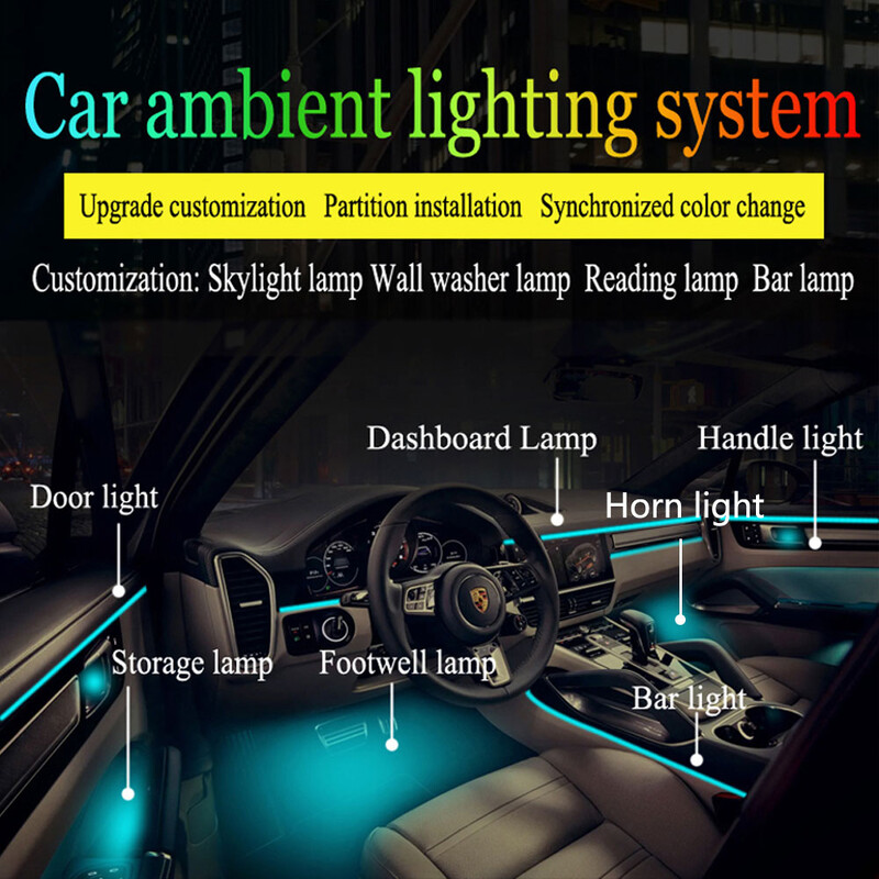 18u1 Puna boja Symphony Automobil Ambijentalno svjetlo Unutrašnjost Akrilna vodilica LED Svjetlosna traka Dekoracija Atmosferska svjetiljka ByAPP Control 6in1