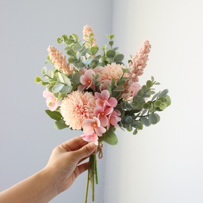 Γαμήλια ανθοδέσμη Meldel Bridesmaid Ανθοδέσμη από τεχνητό μεταξωτό Crabapple Λευκό Μπλε Πομπον Φύλλα Ευκάλυπτου Είδη γάμου