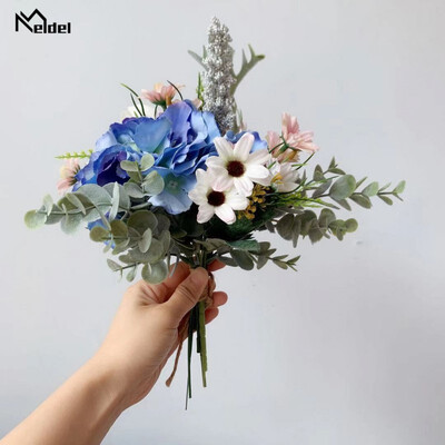 Kék fehér selyemrózsa esküvői csokor koszorúslányoknak Hamis dália esküvői csokor menyasszonyi csokortartó művirág dekoráció