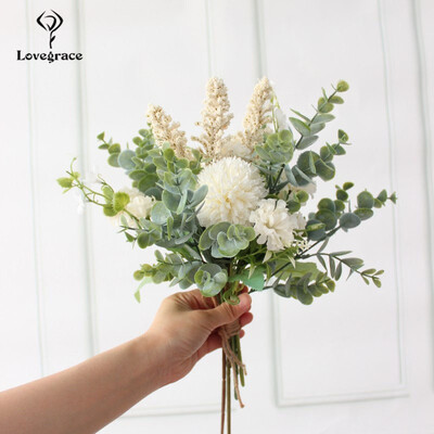 Lovegrace Νυφική ανθοδέσμη Γαμήλια ανθοδέσμη τεχνητό μεταξωτό Crabapple Ανθοδέσμη Λευκό Μπλε Πομπον Φύλλα Ευκάλυπτου Είδη γάμου