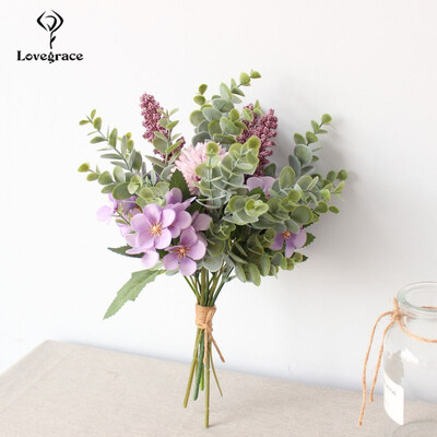 Lovegrace Νυφική ανθοδέσμη Γαμήλια ανθοδέσμη τεχνητό μεταξωτό Crabapple Ανθοδέσμη Λευκό Μπλε Πομπον Φύλλα Ευκάλυπτου Είδη γάμου