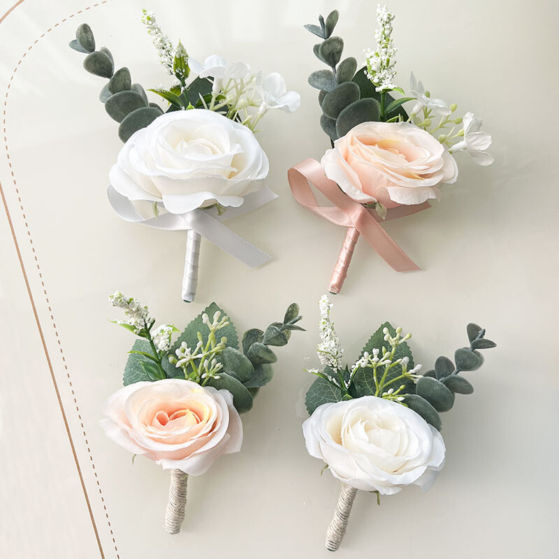 4 KOM Korsaž Buttonhole Muška narukvica Dodaci za djeveruše Boutonniere Vjenčano cvijeće Umjetna svilena ruža Bračni ukras
