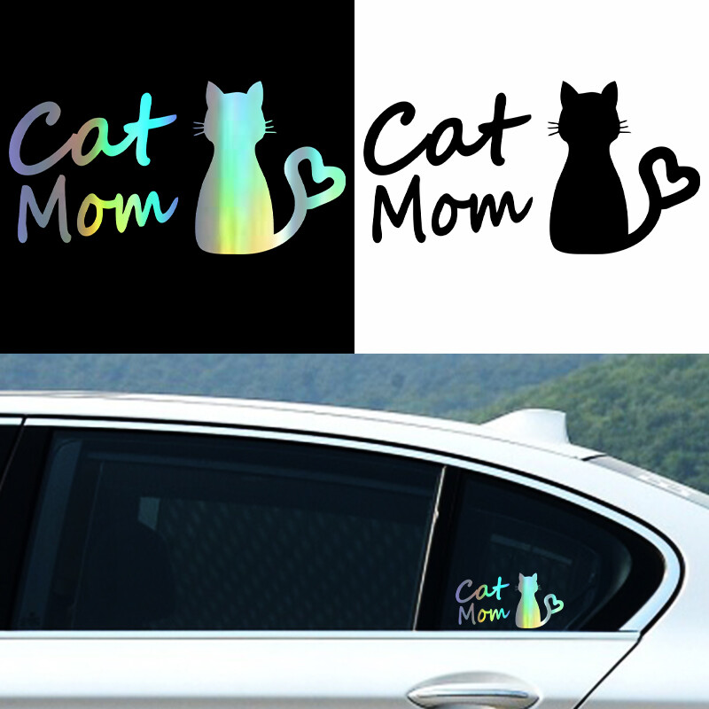 G155 13CMX6.7CM Αυτοκόλλητο Cat Mom Car FunnyVinyl Deca Decor Μαύρο Ασημί για FiatStickers
