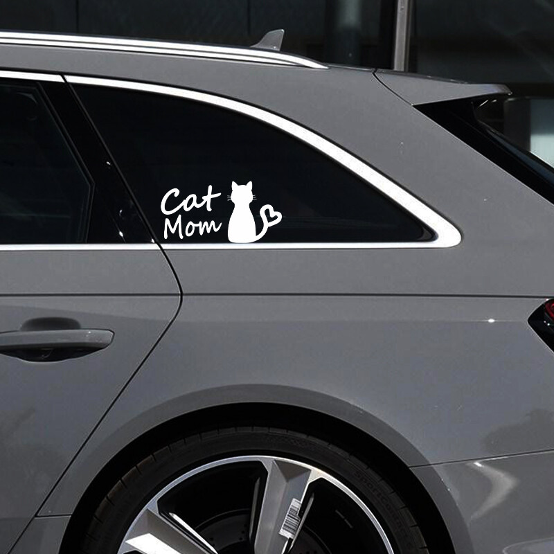 G155 13CMX6.7CM Αυτοκόλλητο Cat Mom Car FunnyVinyl Deca Decor Μαύρο Ασημί για FiatStickers