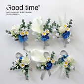 GT Corsage Μπουτονιέρες Γάμου Μπλε Τριαντάφυλλα Μεταξωτό Βραχιόλι Λουλούδια Γαμπρός Αντρικό Κοστούμι Κουμπότρυπα Καρφίτσες καρφίτσα Αξεσουάρ γάμου