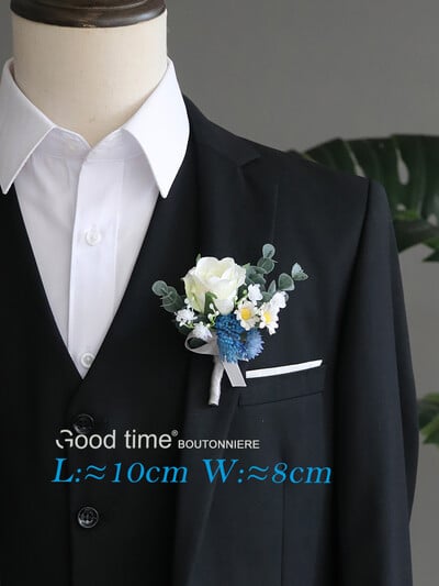 GT Corsage Μπουτονιέρες Γάμου Μπλε Τριαντάφυλλα Μεταξωτό Βραχιόλι Λουλούδια Γαμπρός Αντρικό Κοστούμι Κουμπότρυπα Καρφίτσες καρφίτσα Αξεσουάρ γάμου