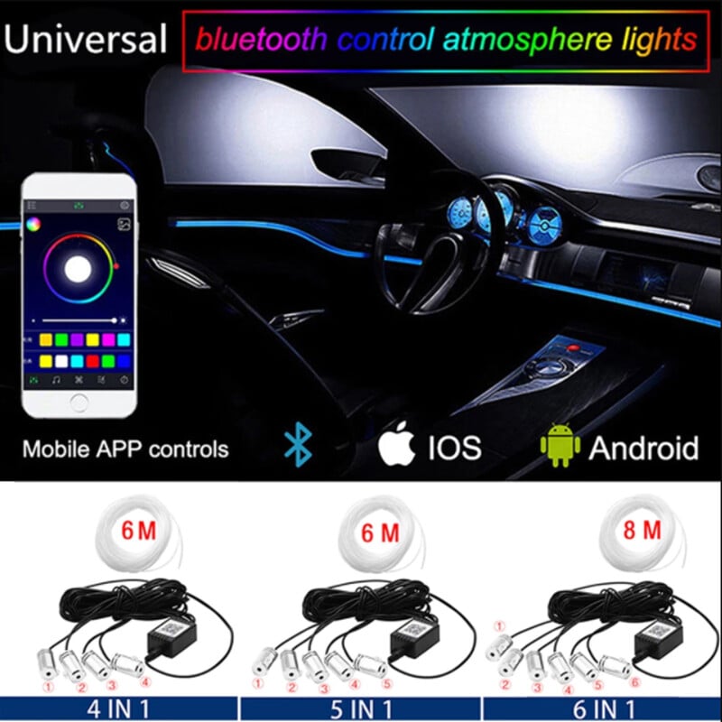 6 u 1 LED interijer automobila Ambijentalna trakasta svjetiljka 8M optička vlakna Atmosfera Neonska rasvjeta Komplet APP Daljinski upravljač Auto ukrasna svjetiljka