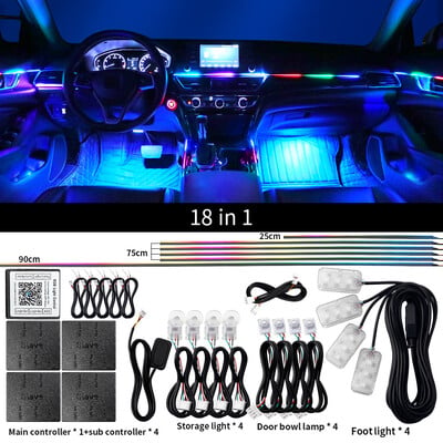 18 u 1 LED simfonijska ambijentalna svjetla Unutrašnjost automobila Puna boja Streamer RGB 64 boje Neonske akrilne trake Dekoracija Atmosferska svjetiljka