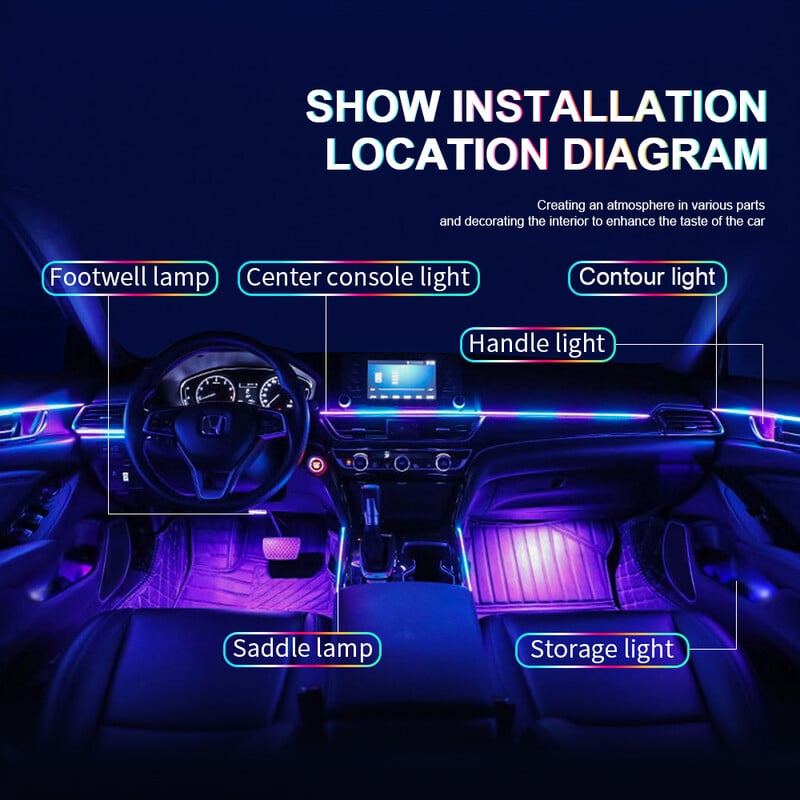 18 u 1 LED simfonijska ambijentalna svjetla Unutrašnjost automobila Puna boja Streamer RGB 64 boje Neonske akrilne trake Dekoracija Atmosferska svjetiljka
