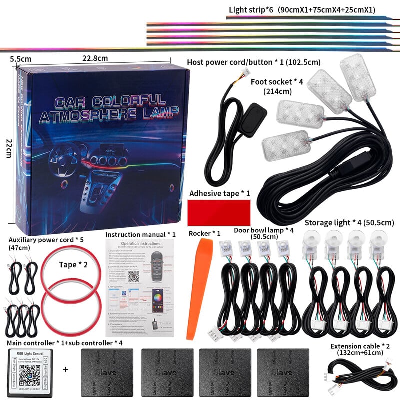 18 u 1 LED simfonijska ambijentalna svjetla Unutrašnjost automobila Puna boja Streamer RGB 64 boje Neonske akrilne trake Dekoracija Atmosferska svjetiljka