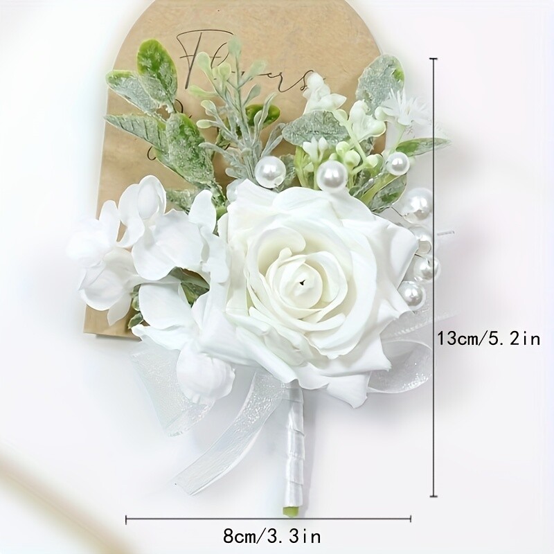 1/2 komada umjetnog cvijeća ruže, Simulacija bijelog korzaža, Boutonniere, Lažno cvijeće za zapešće, Za vjenčanje, rođendan, svadbeni dekor ﻿