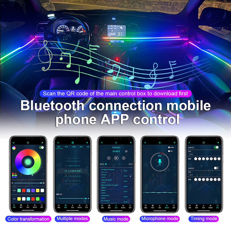 2/5/6 σε 1 RGB 213 Color Symphony Car Ambient Lighting LED Ακρυλική λωρίδα φωτός Εσωτερικό Rainbow Atmpshere Lamp Bar Εφαρμογή Bluetooth