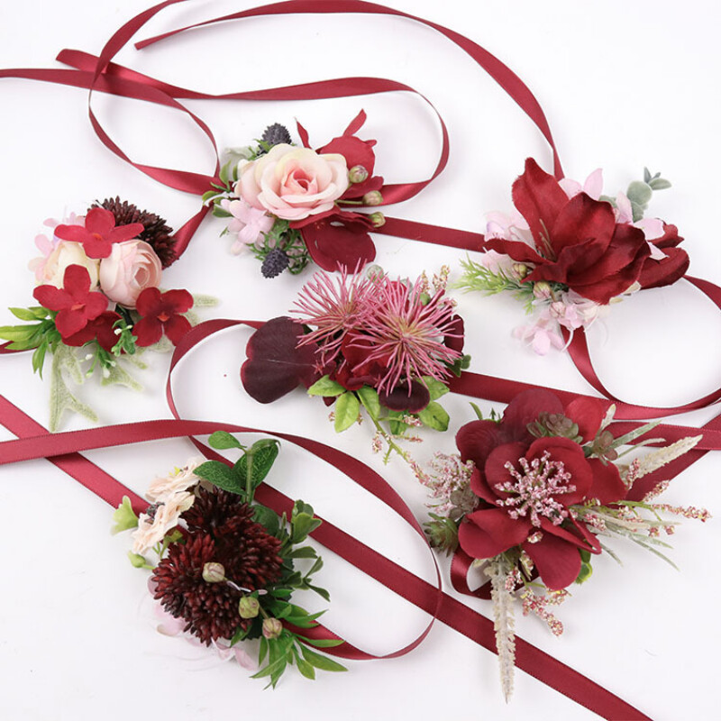 Burgundijos Dirbtiniai Boutonnieres Riešas Korsas groomsmen Botonier Boda hombre Sagės vestuviniai aksesuarai