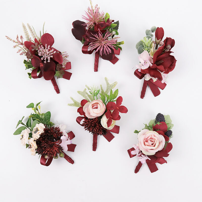 Burgundijos Dirbtiniai Boutonnieres Riešas Korsas groomsmen Botonier Boda hombre Sagės vestuviniai aksesuarai