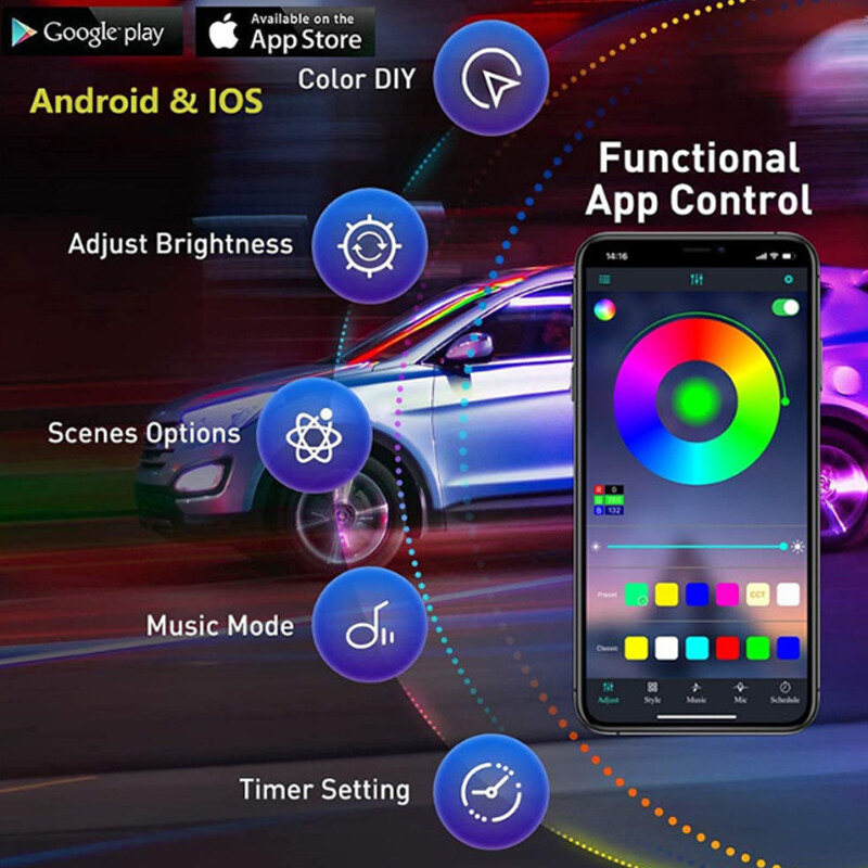 Φώτα εσωτερικής ατμόσφαιρας LED αυτοκινήτου Universal RGB Φωτισμός Περιβάλλοντος Optic Fiber APP Έλεγχος μουσικής Αυτόματη διακοσμητική λάμπα νέον