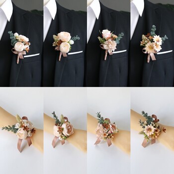 GT Silk Corsages Στολισμός Γάμου Γάμος Τριαντάφυλλο Καρπό Κορσάζ Καρφίτσα Μπουτονιέρα Λουλούδια για Παιώνιες μαργαρίτες Καφέ τόνος