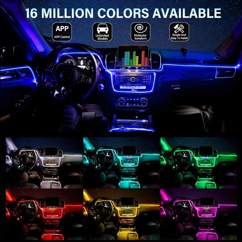 6IN1 8M RGB LED atmosferă Lumină ambientală interioară a mașinii Benzi de fibră optică Lumină prin controlul aplicației Lampă decorativă automată cu LED neon