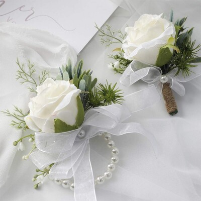2 kom Ivory Rose Wrist Corsage Wristlet Band Narukvica i Muški Boutonniere za bijelo vjenčanje Cvjetni dodaci Dekoracije za maturalnu večer