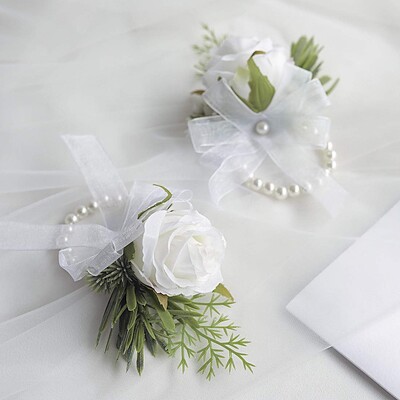 2 kom Ivory Rose Wrist Corsage Wristlet Band Narukvica i Muški Boutonniere za bijelo vjenčanje Cvjetni dodaci Dekoracije za maturalnu večer