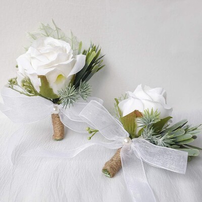 2 kom Ivory Rose Wrist Corsage Wristlet Band Narukvica i Muški Boutonniere za bijelo vjenčanje Cvjetni dodaci Dekoracije za maturalnu večer