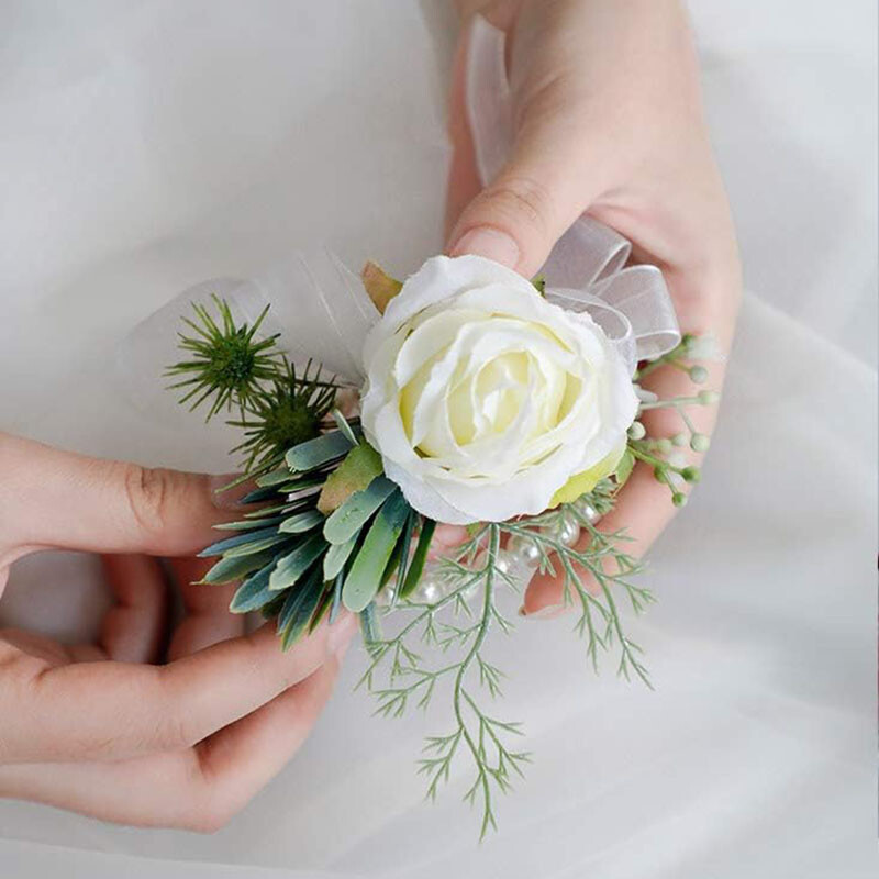 2 kom Ivory Rose Wrist Corsage Wristlet Band Narukvica i Muški Boutonniere za bijelo vjenčanje Cvjetni dodaci Dekoracije za maturalnu večer