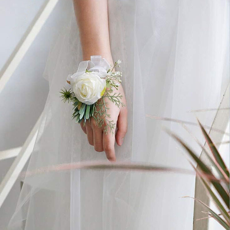 2 kom Ivory Rose Wrist Corsage Wristlet Band Narukvica i Muški Boutonniere za bijelo vjenčanje Cvjetni dodaci Dekoracije za maturalnu večer
