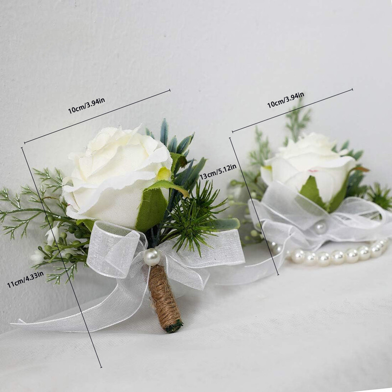 2 kom Ivory Rose Wrist Corsage Wristlet Band Narukvica i Muški Boutonniere za bijelo vjenčanje Cvjetni dodaci Dekoracije za maturalnu večer