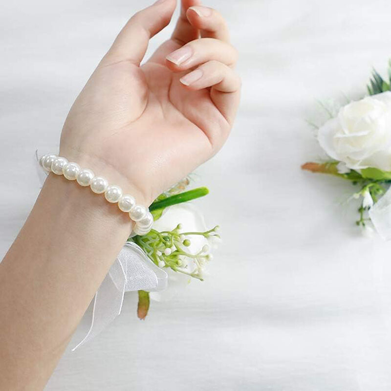 2 kom Ivory Rose Wrist Corsage Wristlet Band Narukvica i Muški Boutonniere za bijelo vjenčanje Cvjetni dodaci Dekoracije za maturalnu večer