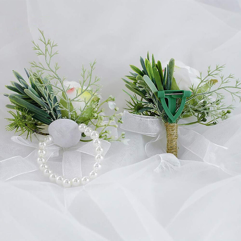 2 kom Ivory Rose Wrist Corsage Wristlet Band Narukvica i Muški Boutonniere za bijelo vjenčanje Cvjetni dodaci Dekoracije za maturalnu večer