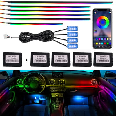 Universāla akrila neona LED automašīnas salona apkārtējās vides apgaismojuma sloksne automašīnai APP Guide Fiber Optic RGB Auto Decoration Atmosfēras lampa