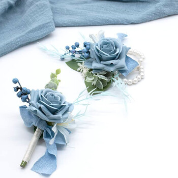 Yannew Dusty Blue Wedding Wrist Corsage Boutonniere for Bridesmaid Groom Prom Party Prom Party Βραχιόλια με λουλούδια Βραχιόλια για επιστροφή στο σπίτι