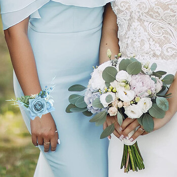 Yannew Dusty Blue Wedding Wrist Corsage Boutonniere for Bridesmaid Groom Prom Party Prom Party Βραχιόλια με λουλούδια Βραχιόλια για επιστροφή στο σπίτι