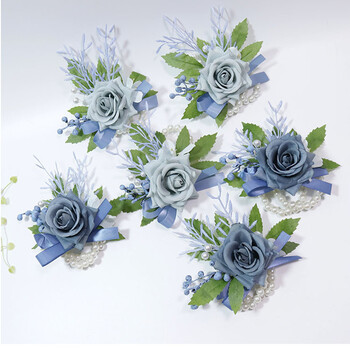 Yannew Dusty Blue Wedding Wrist Corsage Boutonniere for Bridesmaid Groom Prom Party Prom Party Βραχιόλια με λουλούδια Βραχιόλια για επιστροφή στο σπίτι